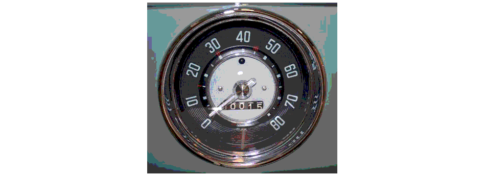 Figure 11.6: Speedometer and 
			odometer from a Volkswagen Beetle from the late 1950s. The maximum indicated speed 
			is 80 mph and the odometer distance is to the nearest mile.