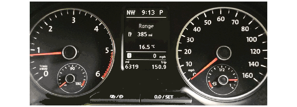 Figure 11.7: Meters from a 
				modern Volkswagen Beetle. The maximum indicated speed is 160 mph and the total 
				odometer distance traveled is 6319 miles.